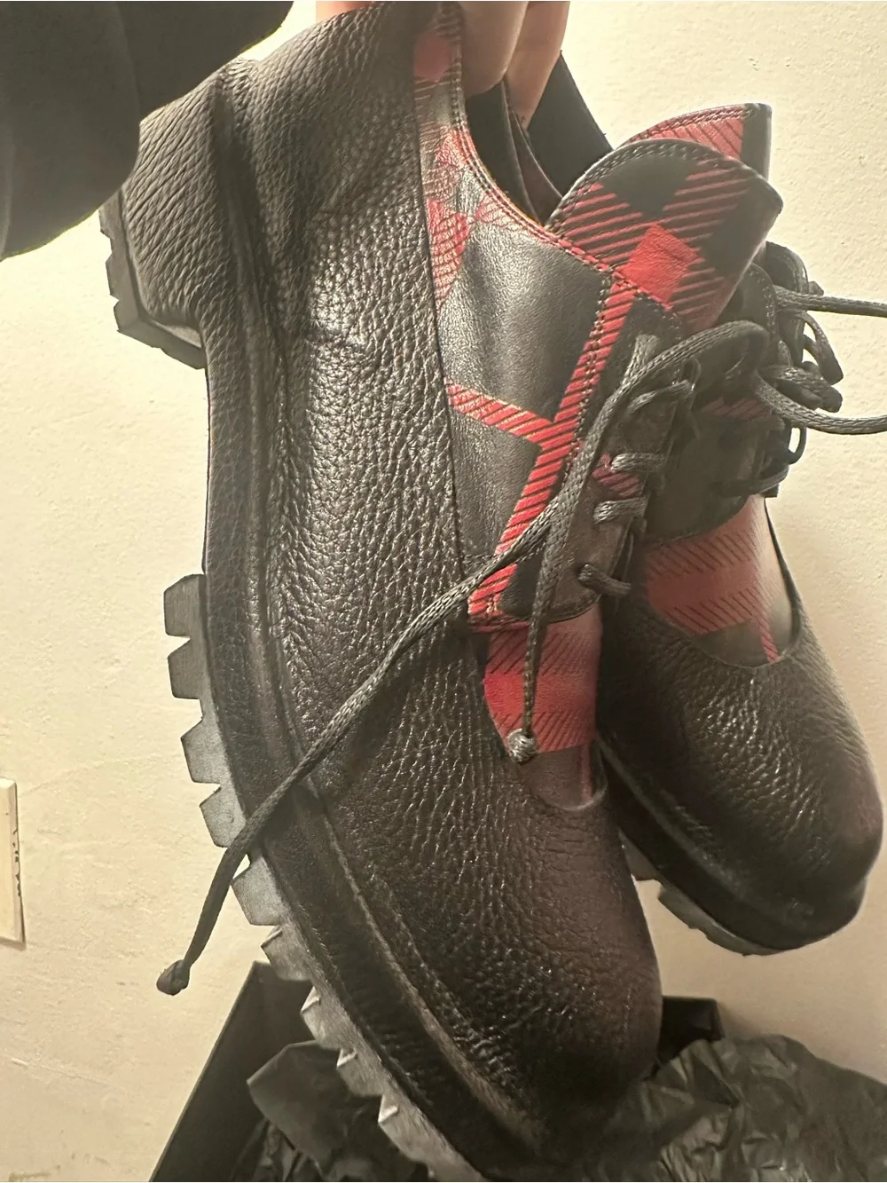 424 FourTwoFour Leather Cover Low Top Boot Plaid Print Leather Black Size 43RARE